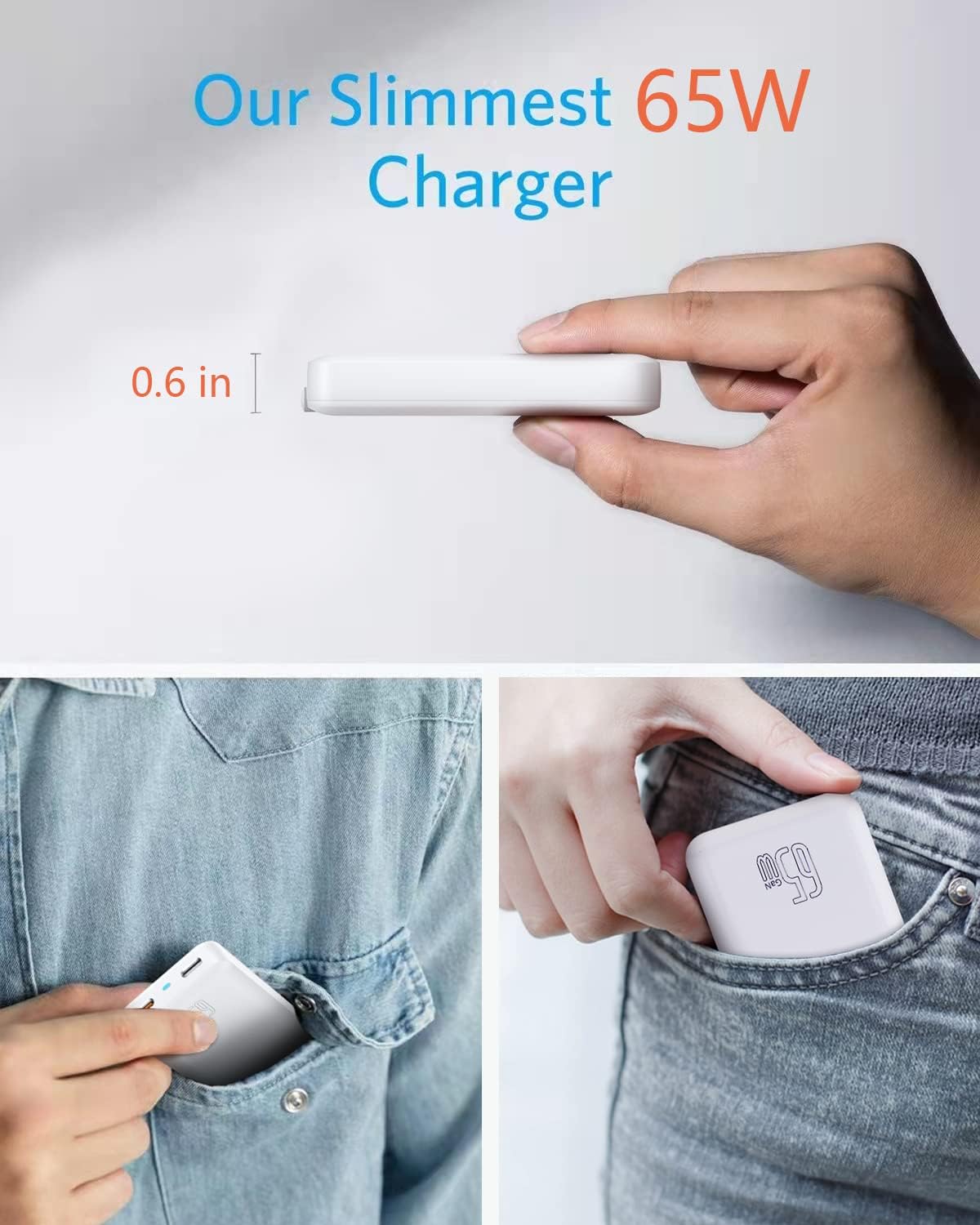 Cargador de pared delgado USB C plegable de 65 W y 2 puertos con asignación de energía inteligente, cargador PD GaN rápido para iPhone, Samsung,