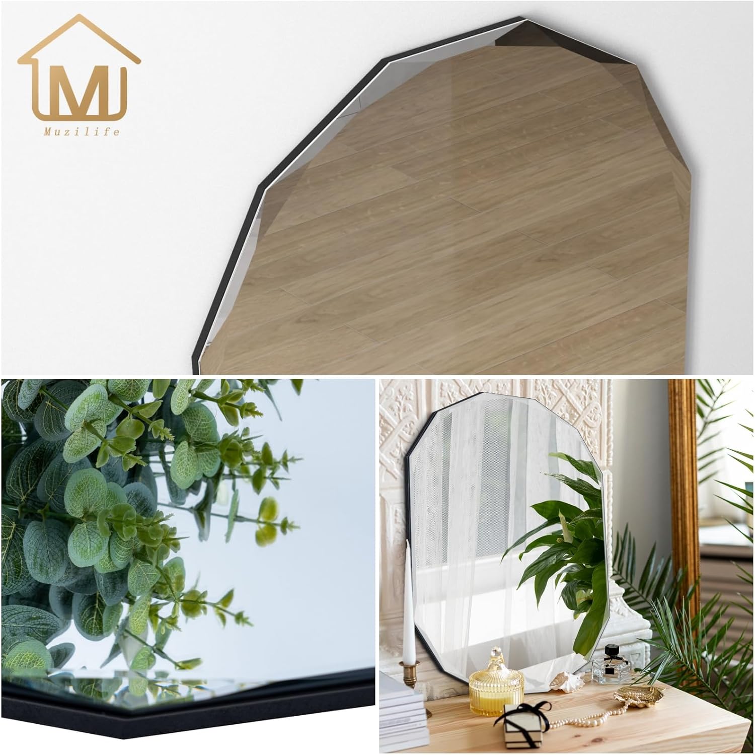 Muzilife Espejo de pared ovalado biselado de 24 x 36 pulgadas, espejo festoneado sin marco, espejo de cápsula grande con tablero de MDF para baño,