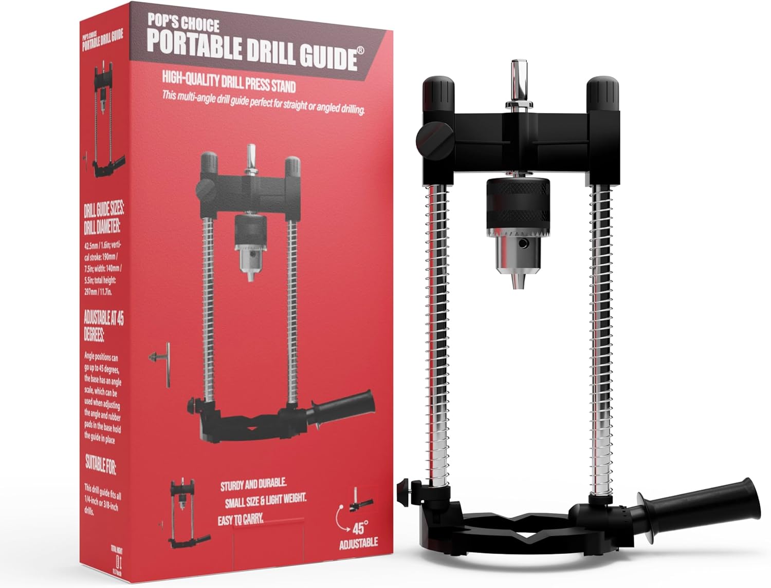 Pop’s Choice Guía de taladro portátilprensa para taladrar, soporte de accesorio de guía multiángulo para 14 pulgadas y 38 pulgadas, con mandril,