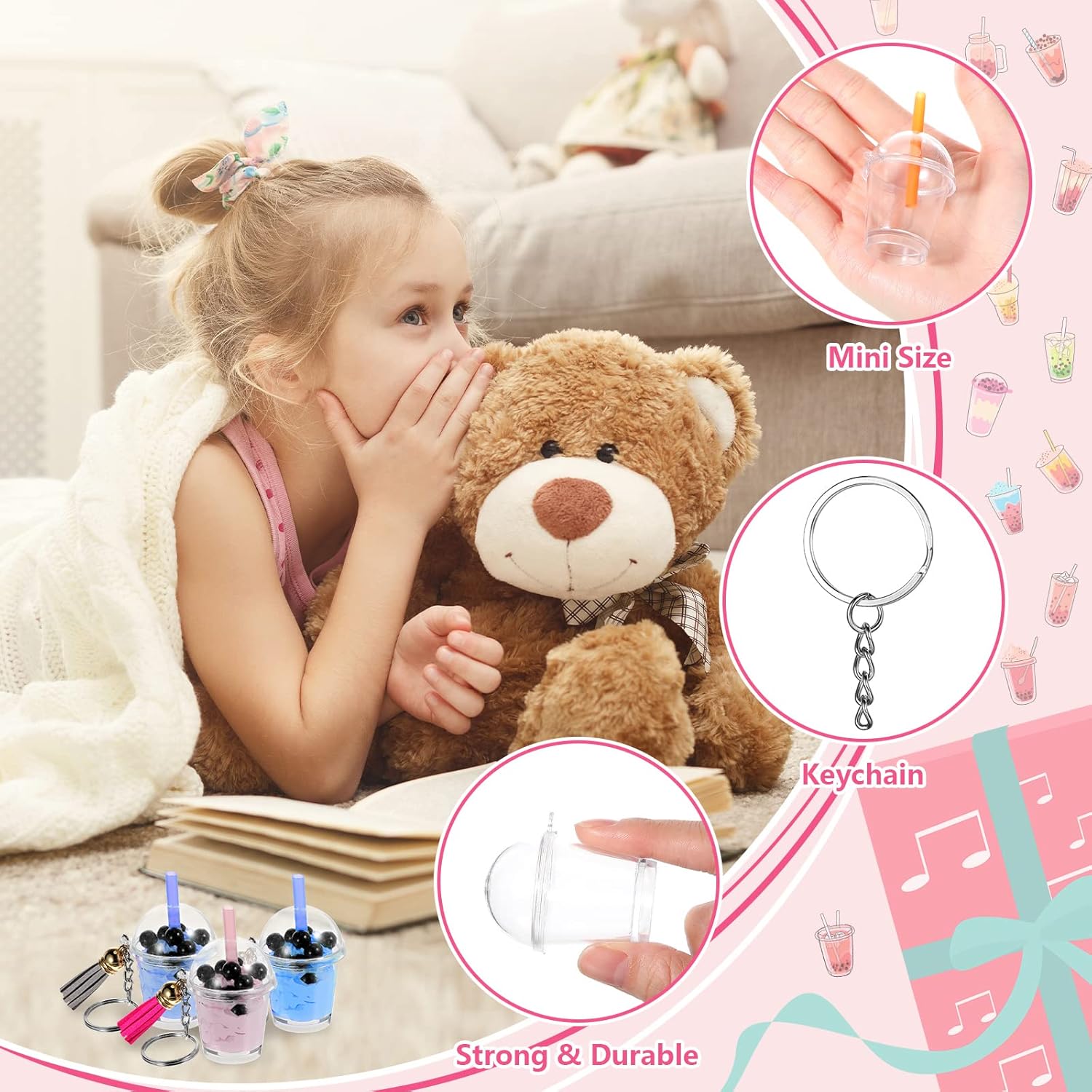 348 piezas de mini llaveros de té lechoso, accesorios de pegamento de crema de té de burbujas, incluye 12 anillos, 12 dijes colgantes de mini taza