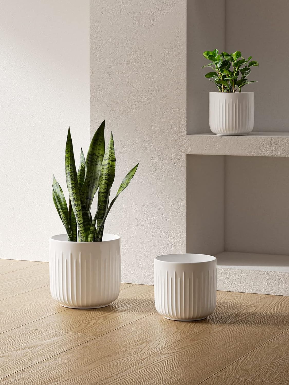 LE TAUCI Macetas de cerámica, juego de 3 macetas para plantas de interior, macetas de 8.3 + 6.9 + 5.7 pulgadas con agujeros de drenaje, macetas
