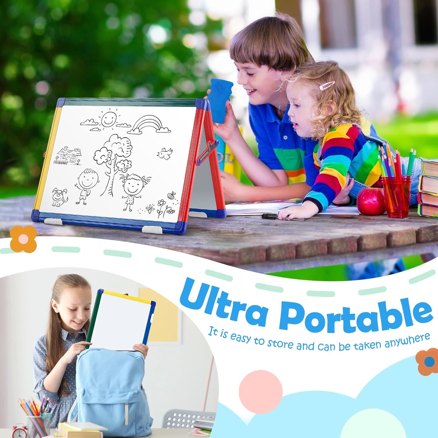 SWANCROWN – Pizarra blanca portátil de borrado en seco para niños, pizarra blanca magnética portátil de 16 x 12 pulgadas, caballete de arte de doble