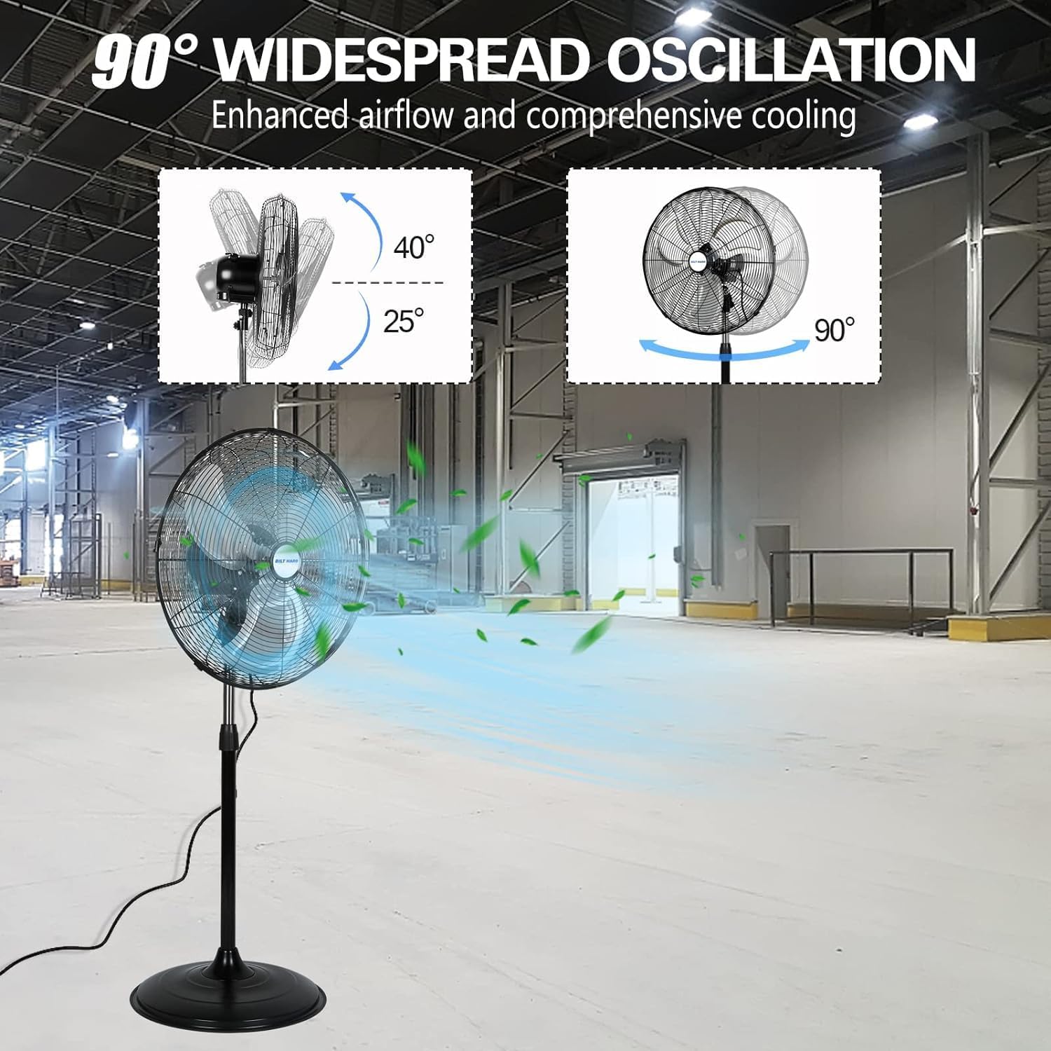 BILT HARD Ventilador de pedestal de alta velocidad de 20 pulgadas, ventilador de pie oscilante industrial de 3 velocidades 5200 CFM, ventilador de
