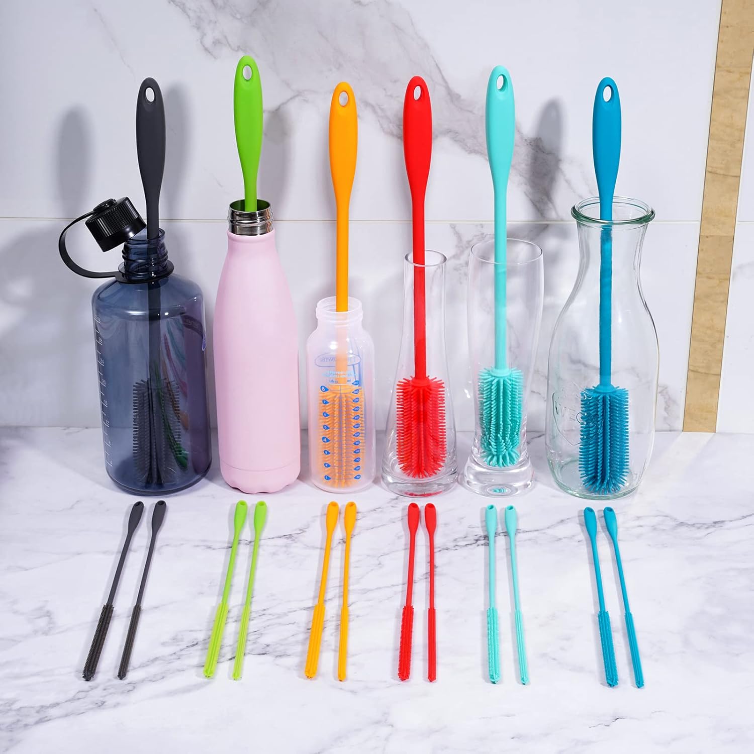 Juego de cepillo de silicona 3 en 1 para limpiar botellas y popotes, cepillo limpiador de botellas de agua para lavar recipientes de cuello