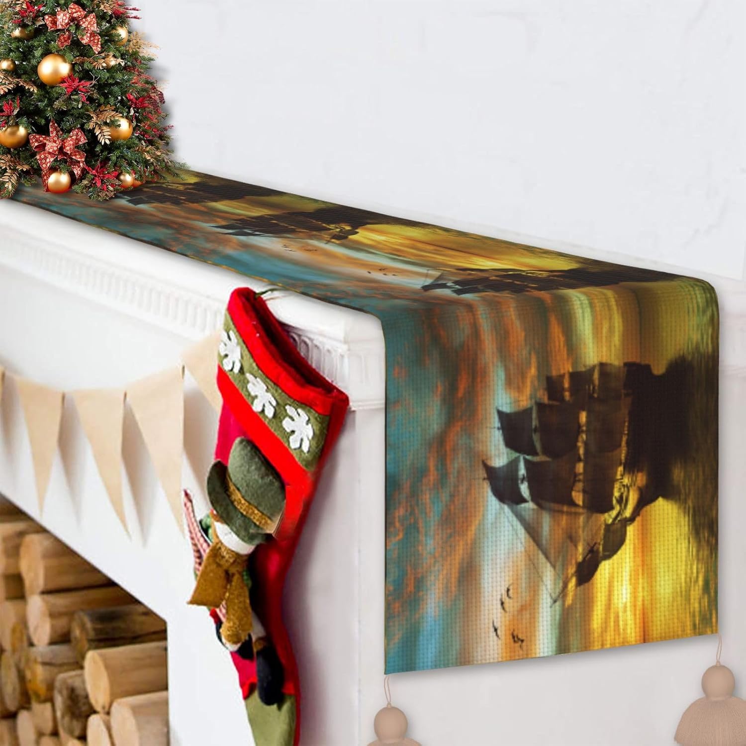 Sailboat Beautiful Landscape Christmas Table Runner Dining Table Decor Christmas Decorations Indoor Home Decor Christmas Table Runners Xmas Navidad