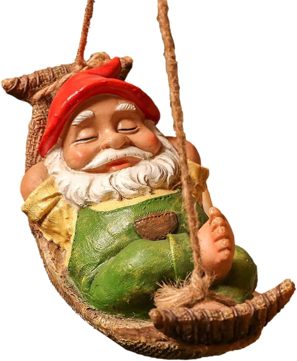 Divertidos gnomos de jardín, bonitos gnomos decorativos para exteriores, estatua colgante para exteriores, gnomo soñoliento en hamaca de hojas