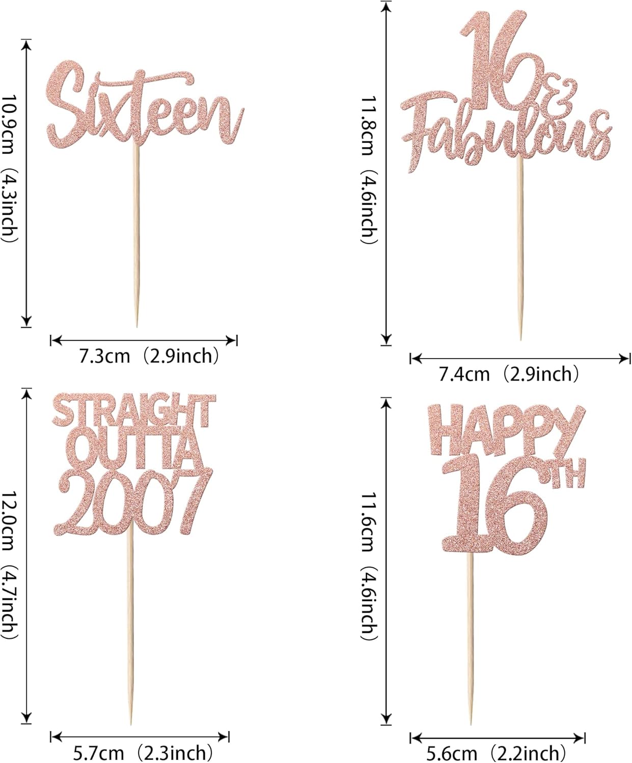 Paquete de 24 decoraciones para cupcakes de cumpleaños de 16 años con purpurina de dieciséis rectos fuera de 2007, decoraciones para pasteles de