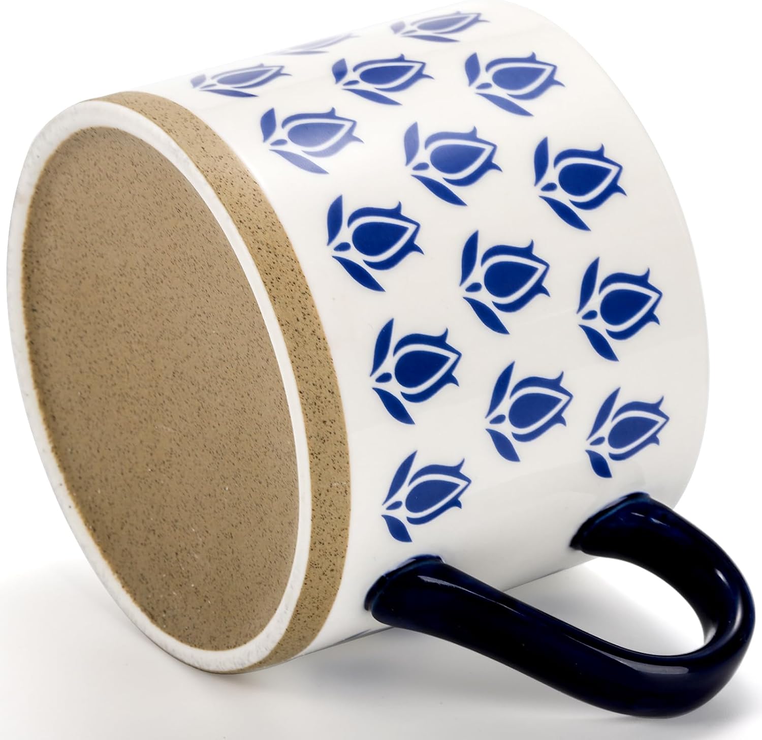 Coloch Paquete de 4 tazas de café de cerámica con asa, tazas de café azules de 14 onzas, tazas de café impresas a mano, tazas de té de cerámica para