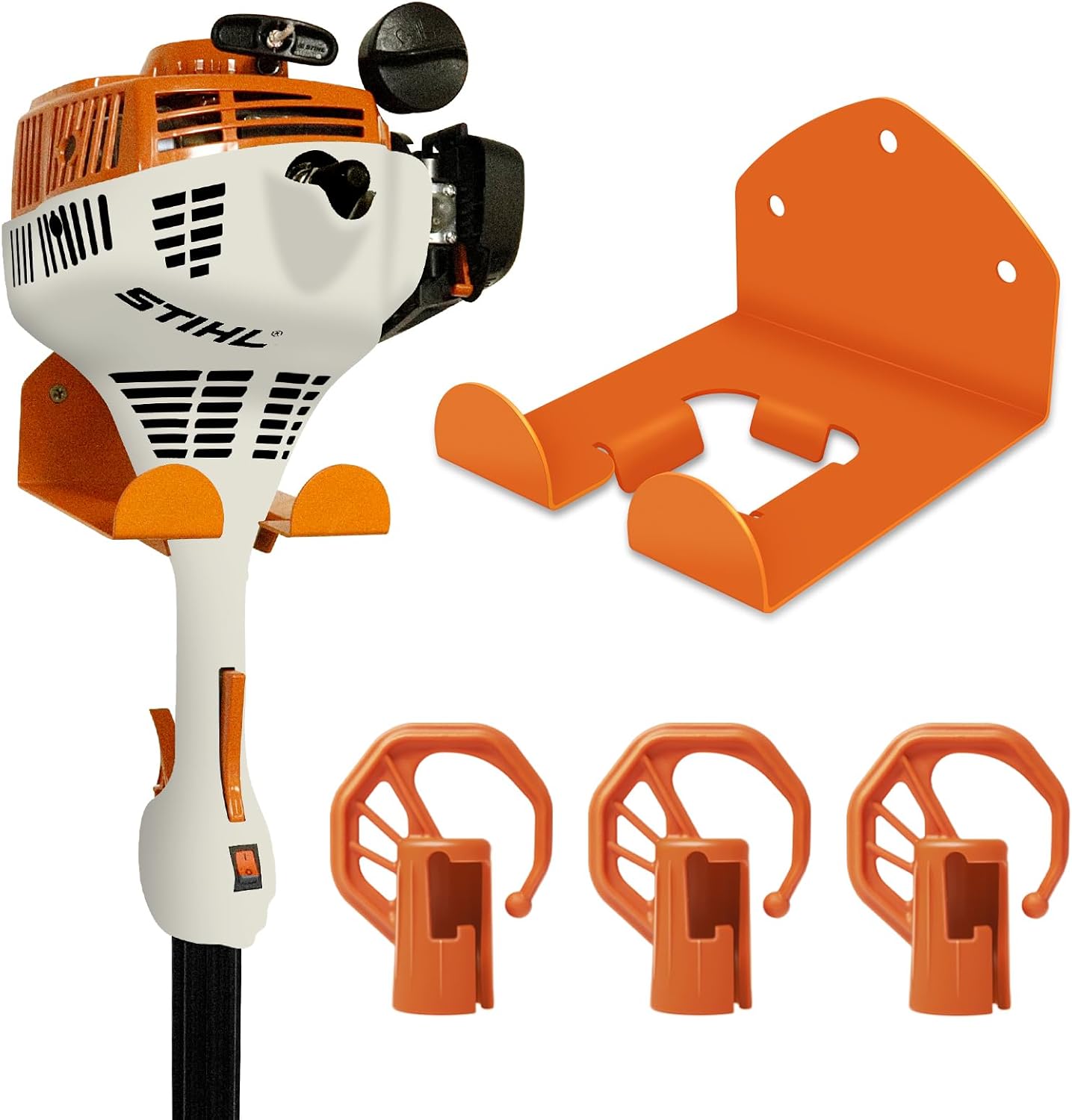 Paquete de 3 ganchos de almacenamiento de garaje resistentes + 1 paquete de estante para recortadora para accesorios Stihl Kombi, soporte de