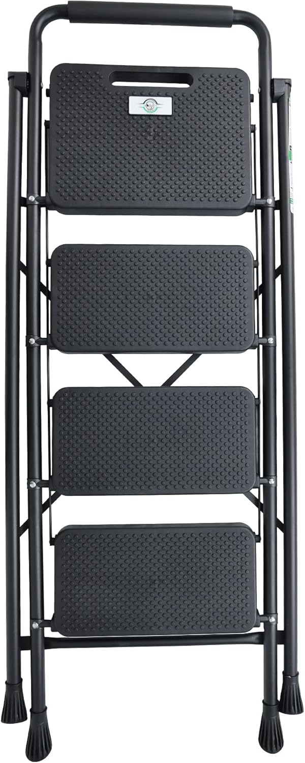Taburete plegable con pedal antideslizante ancho, escalera de acero resistente de 330 libras, 2 escalones, color negro