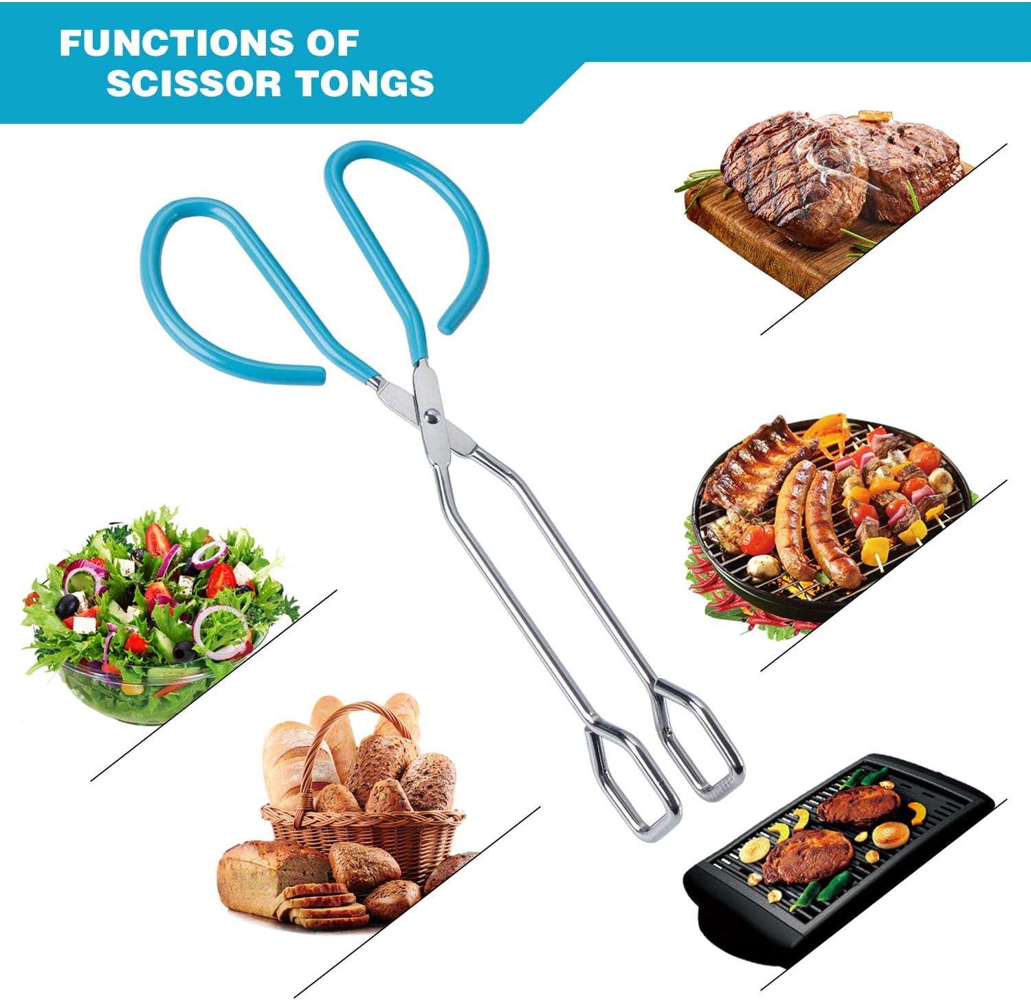 MSY BIGSUNNY – Pinzas de tijera de acero inoxidable de 10 pulgadas, pinzas para alimentos de cocina con mango antideslizante, agarre cómodo, pinzas
