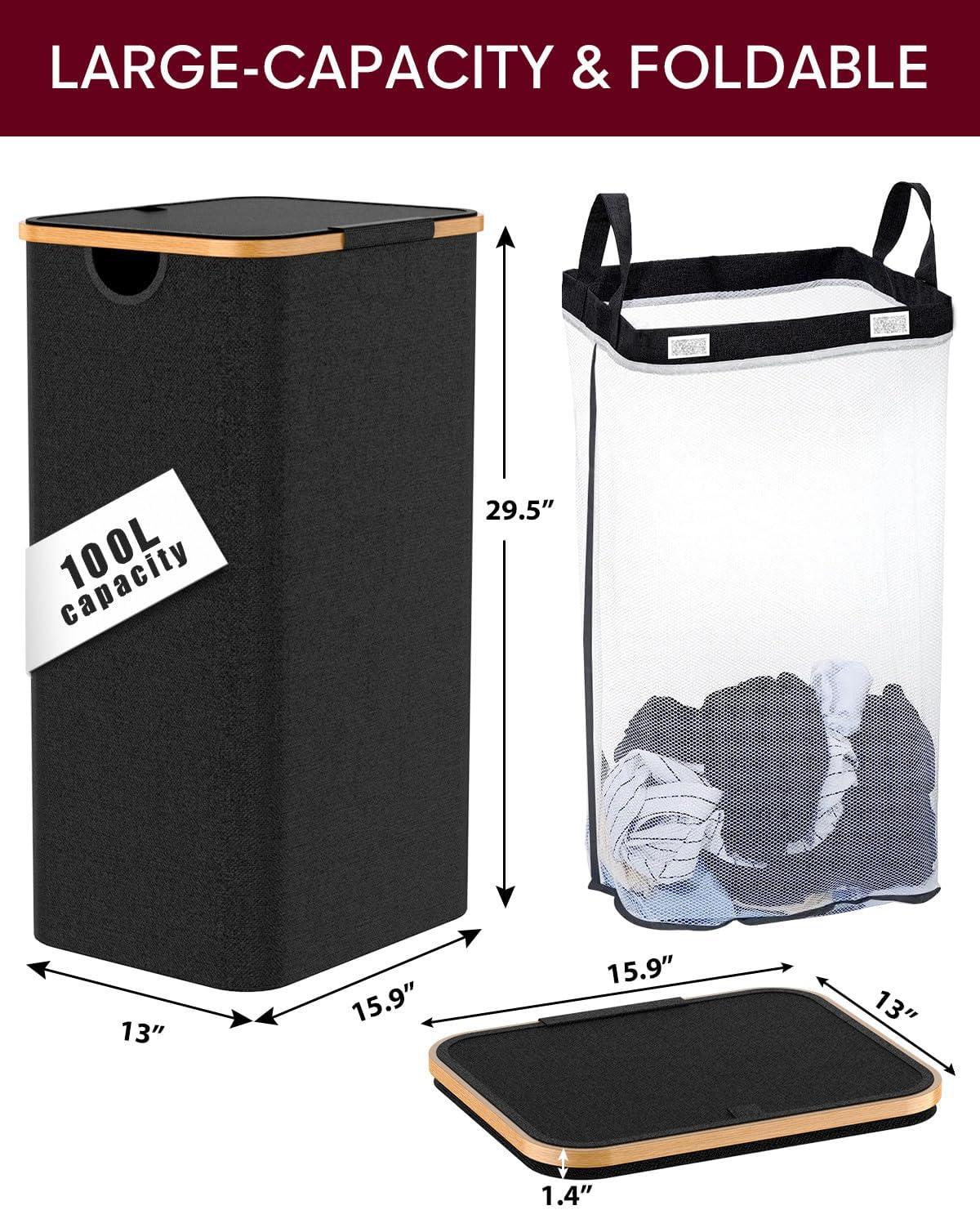 Cesta de lavandería con tapa  Cesta grande para ropa sucia, cesta de ropa sucia, plegable y ahorra espacio (negro)