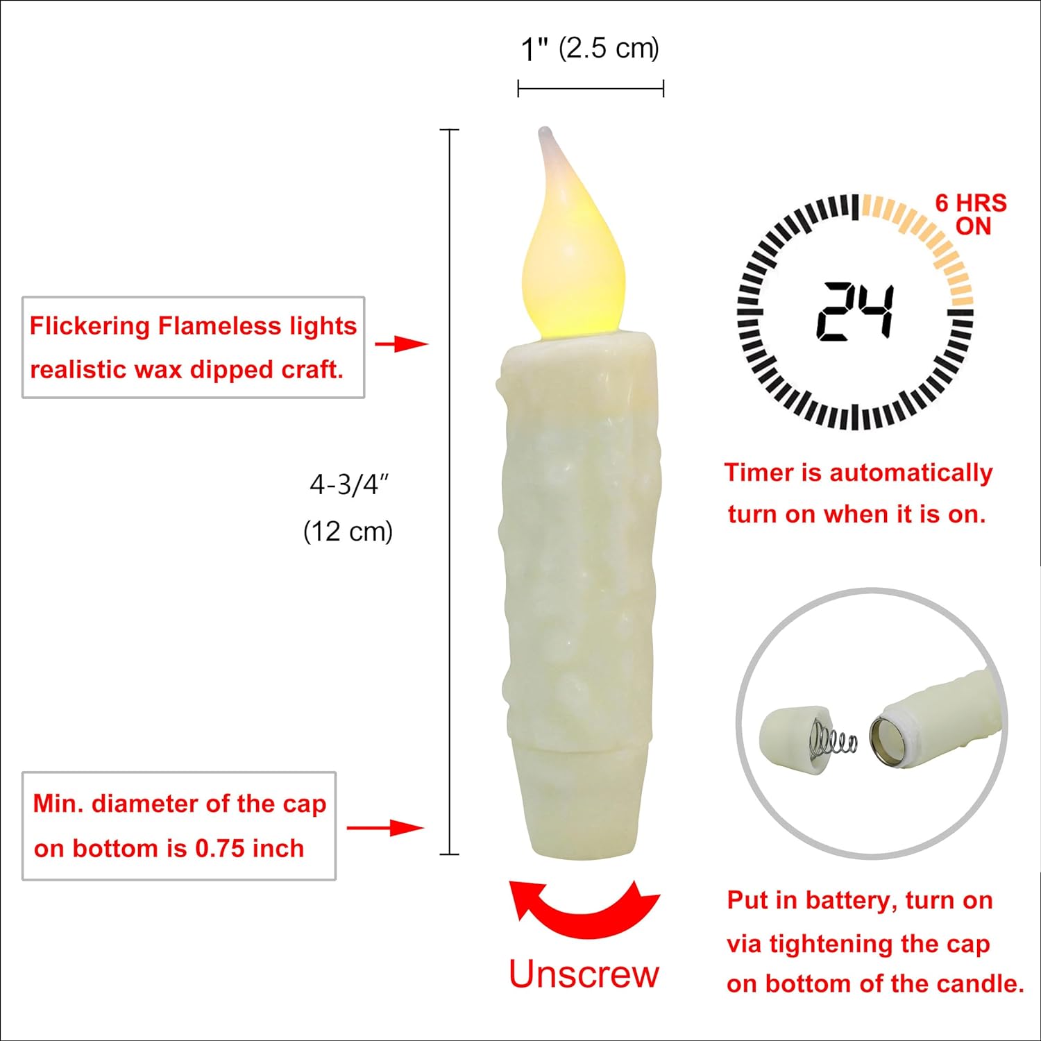 CVHOMEDECO. Velas de cera real sumergidas a mano, funciona con pilas, temporizador, velas rústicas primitivas sin llama, 4-34 pulgadas, marfil, 6