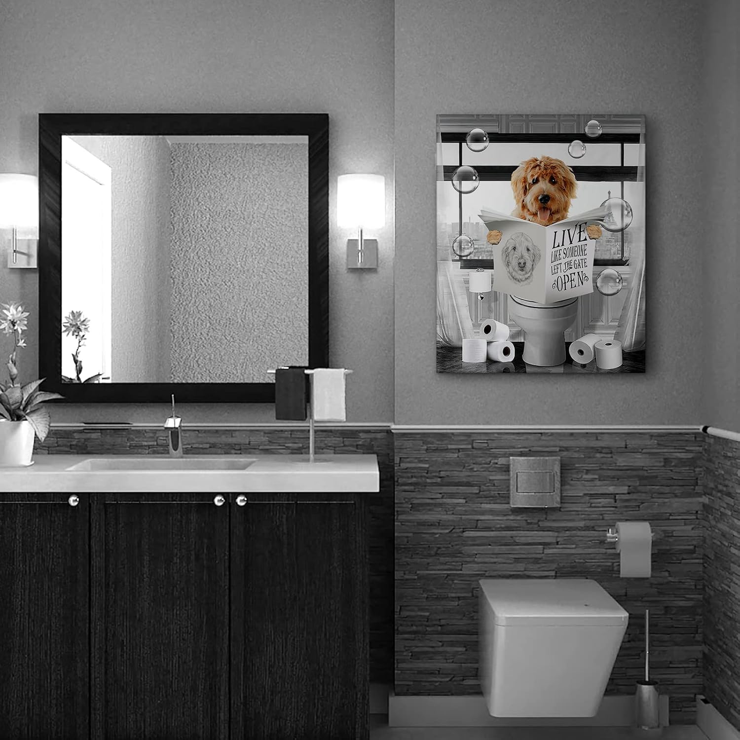 Divertido perro sentado en el inodoro, decoración de baño, arte de pared, cuadros de perros en blanco y negro, pintura de animales para baño, baño,