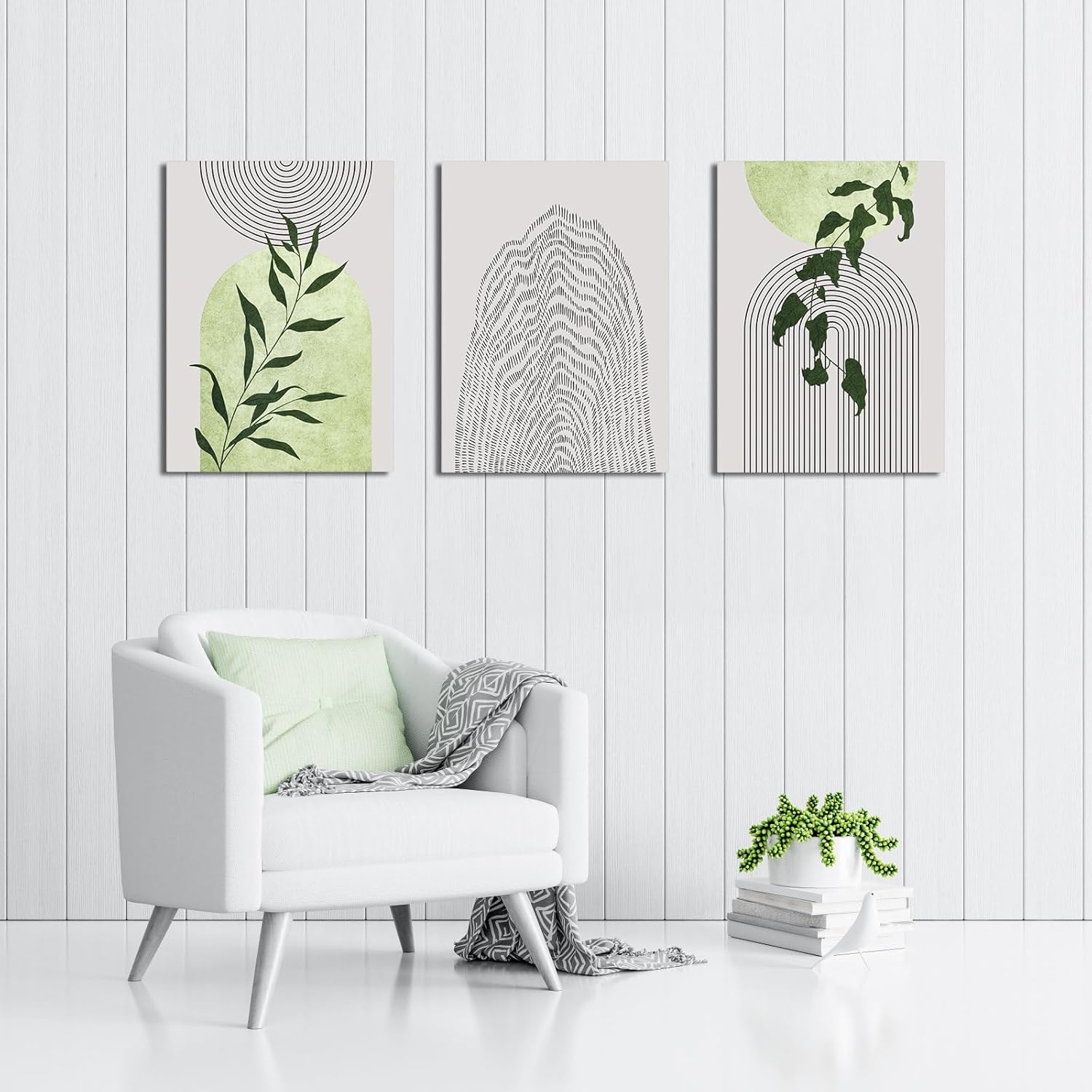 Juego de 3 lienzos de pared en lienzo verde salvia, arte de pared bohemio enmarcado de mediados de siglo, arte de pared moderno minimalista