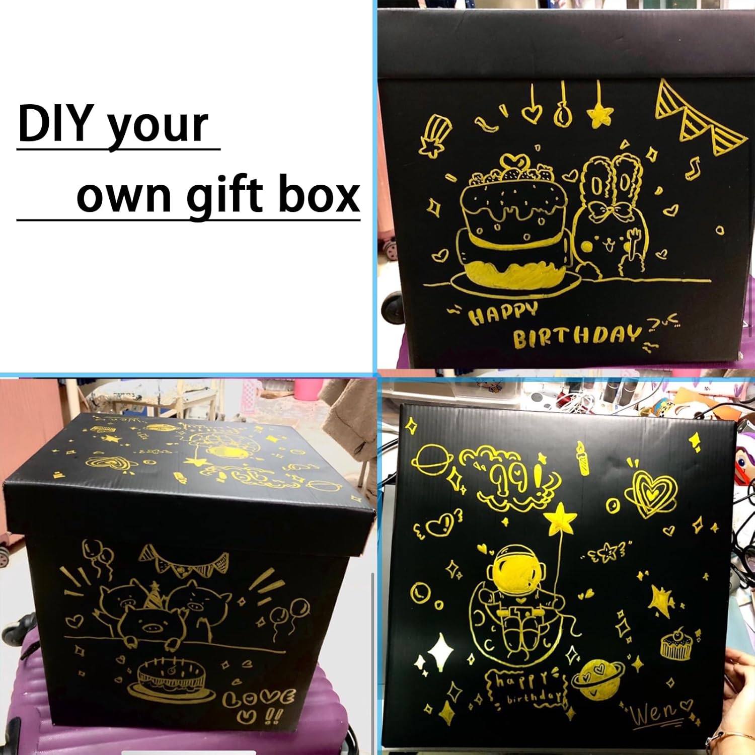 Caja de regalo extragrande con tapas y asa, caja de regalo plegable negra de 12.6 pulgadas para cumpleaños, fiestas, duchas, día de San Valentín