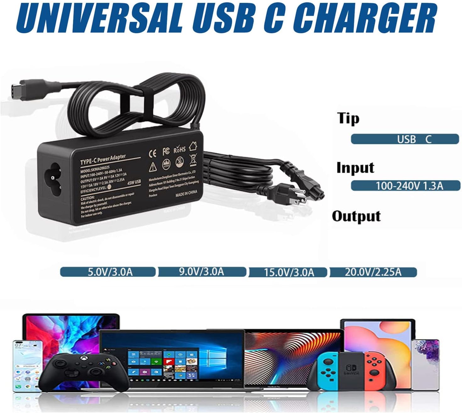 Cargador USB-C de 45 W para Acer Chromebook Spin 11 13 R13 15 314 315 CP311 CP315-3H CP713 CB5-312T-K5X4 CP311-1H CP311-2H CP311-1H-C1FS C5PN