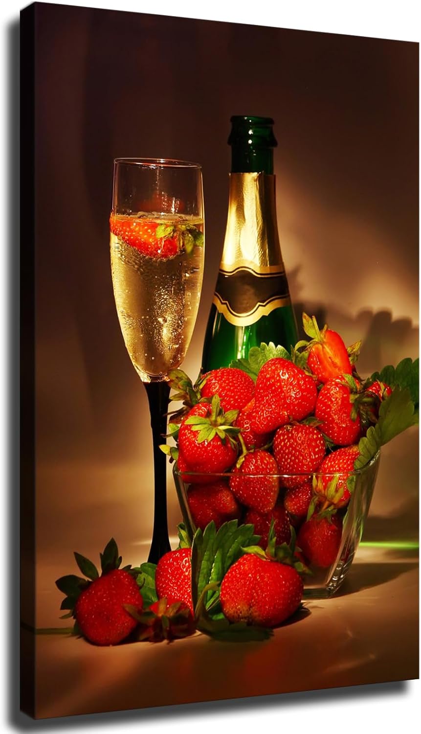 Póster de copa de vino de champán de fresa, lienzo impreso, pintura, arte de pared, hogar, pasillo, dormitorio, sala de estar (24 x 36 pulgadas, sin