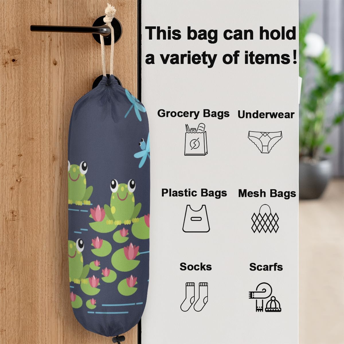 Soporte para bolsas de plástico de rana verde, estanque de loto, libélula lavable, grande, soporte para bolsa de comestibles, organizador de bolsas