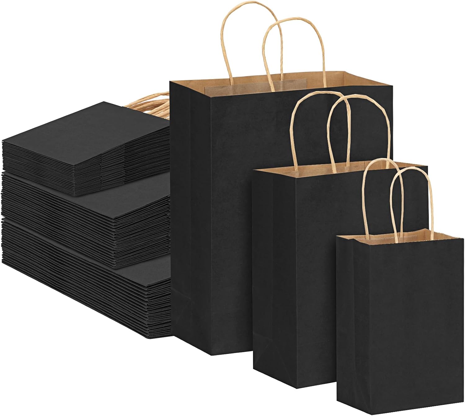 Moretoes 75 bolsas de regalo negras con asas, (8-10-12 pulgadas), bolsas de regalo de varios tamaños a granel, bolsas de papel kraft para pequeñas
