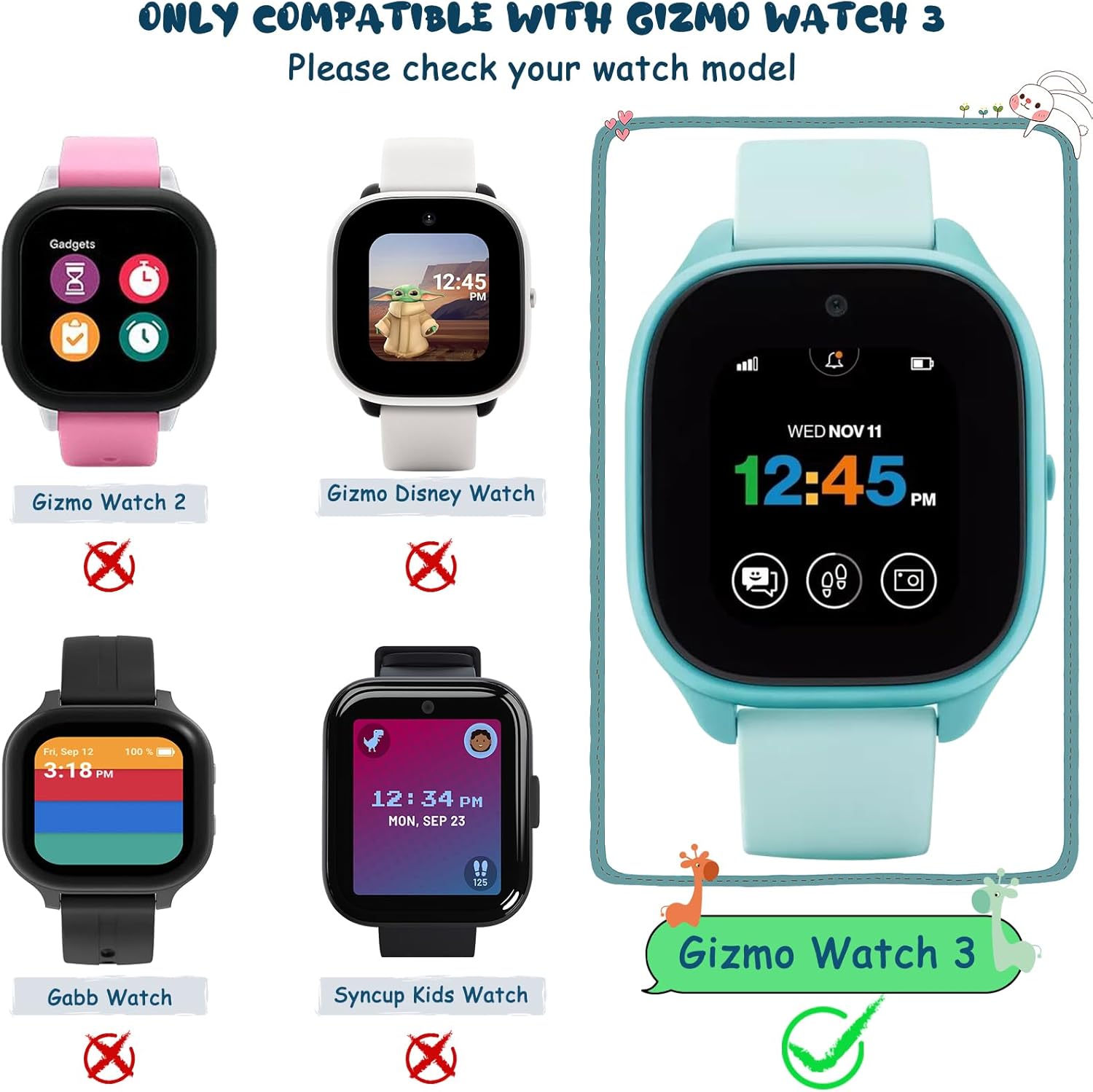 ottpluscase Gizmo 3 – Juego de 1 funda protectora de pantalla para Gizmo Watch 3 con vidrio templado 9H, protector de pantalla para niños, funda