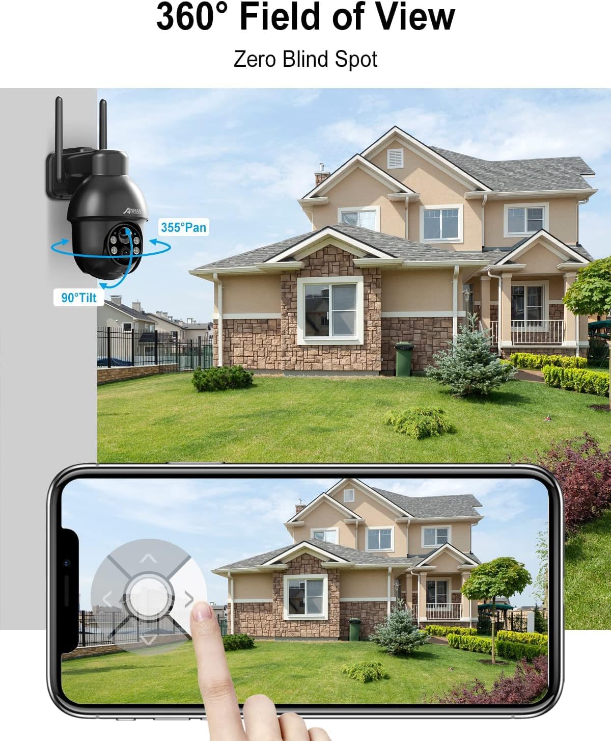 ANRAN Cámaras de seguridad inalámbricas para exteriores, cámara WiFi de seguridad solar de 2 K con PTZ de 360, visión nocturna, IP65 impermeable,