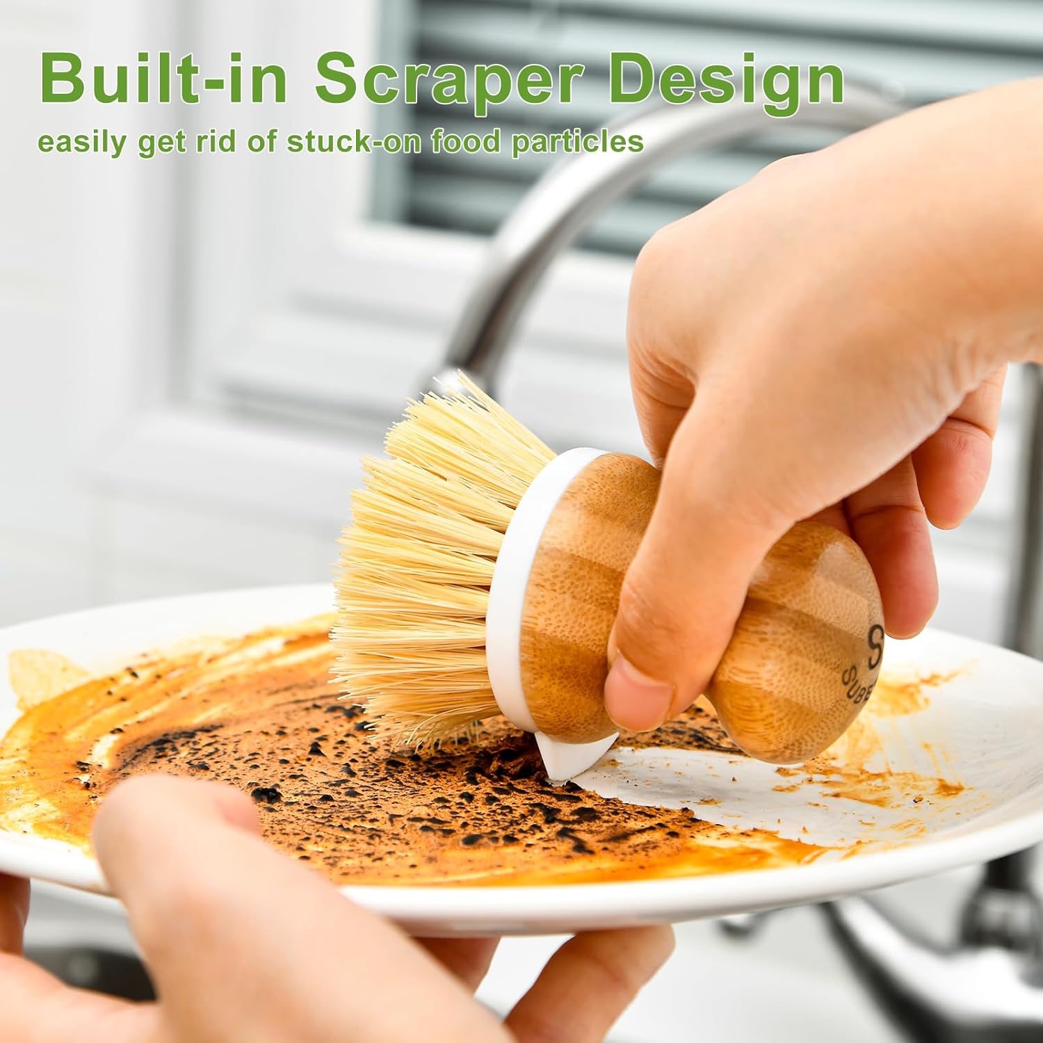SUBEKYU Cepillo de bambú para platos, cepillo para limpiar platos de cocina con dispensador de jabón, cepillo de madera natural para lavar platos,