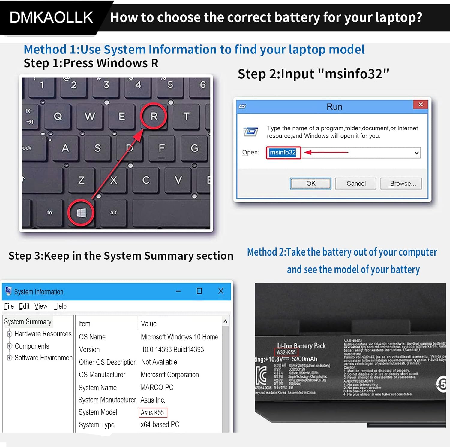 DMKAOLLK A32-K55 – Batería para portátil Asus K55 K55A R500V R503C X55C U57 U57A K75 K45 A75 A75V X45 X55 X75 R400 R500 R700 Series A33-K55 a41-kr