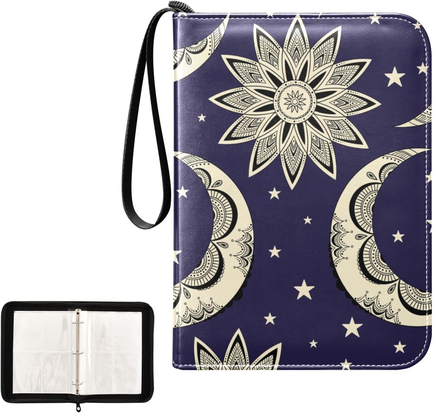 Carpeta de tarjetas coleccionables estilo bohemio vintage con diseño de luna, sol y estrellas, 4 bolsillos con 50 fundas extraíbles, carpeta de