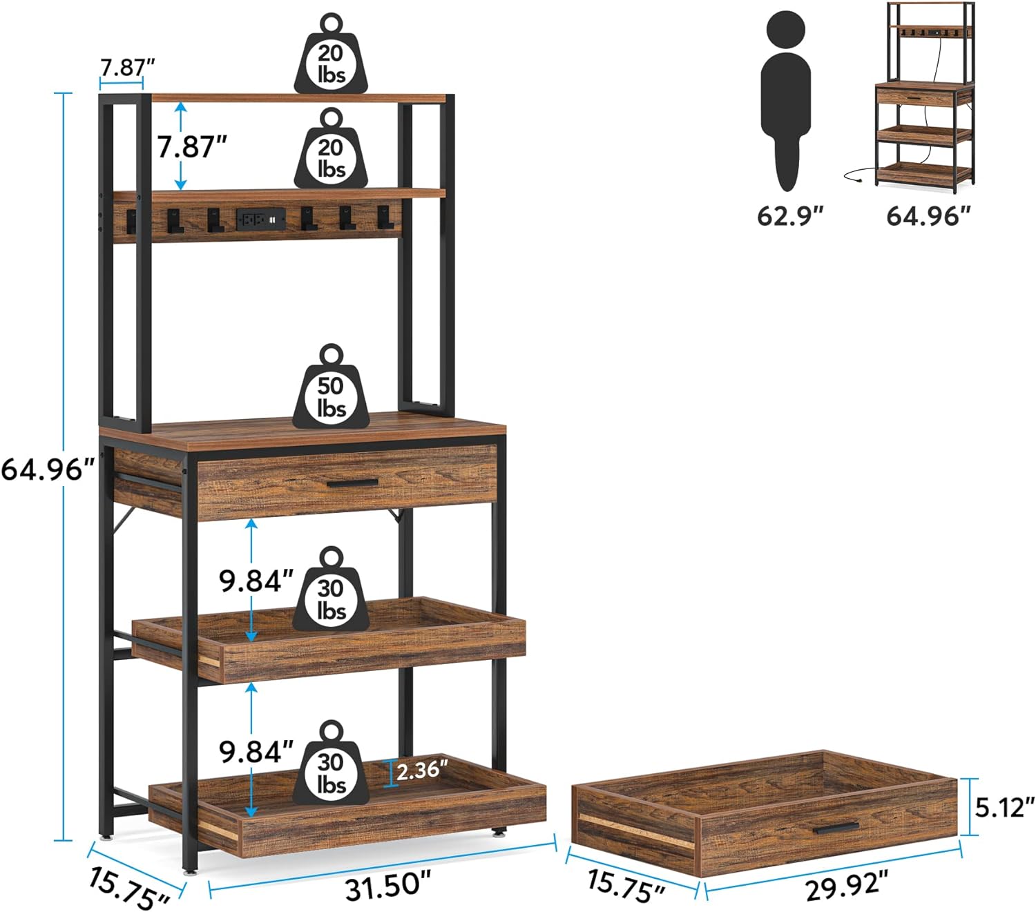 Tribesigns Estante para hornear de cocina con tomas de corriente, soporte para horno microondas de 5 niveles con cajón y estantes deslizantes, barra