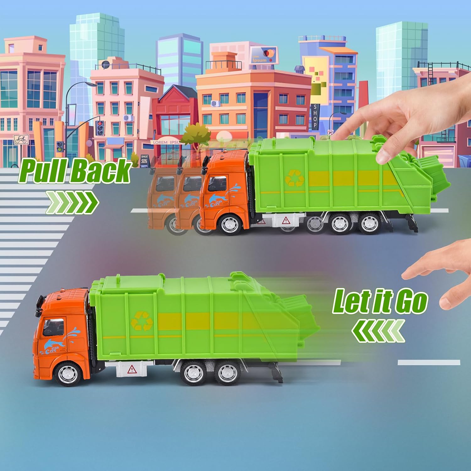 Tacobear Paquete de 3 camiones fundidos a presión, vehículos de transporte para niños y niños, camión de basura, camión rociador, camión