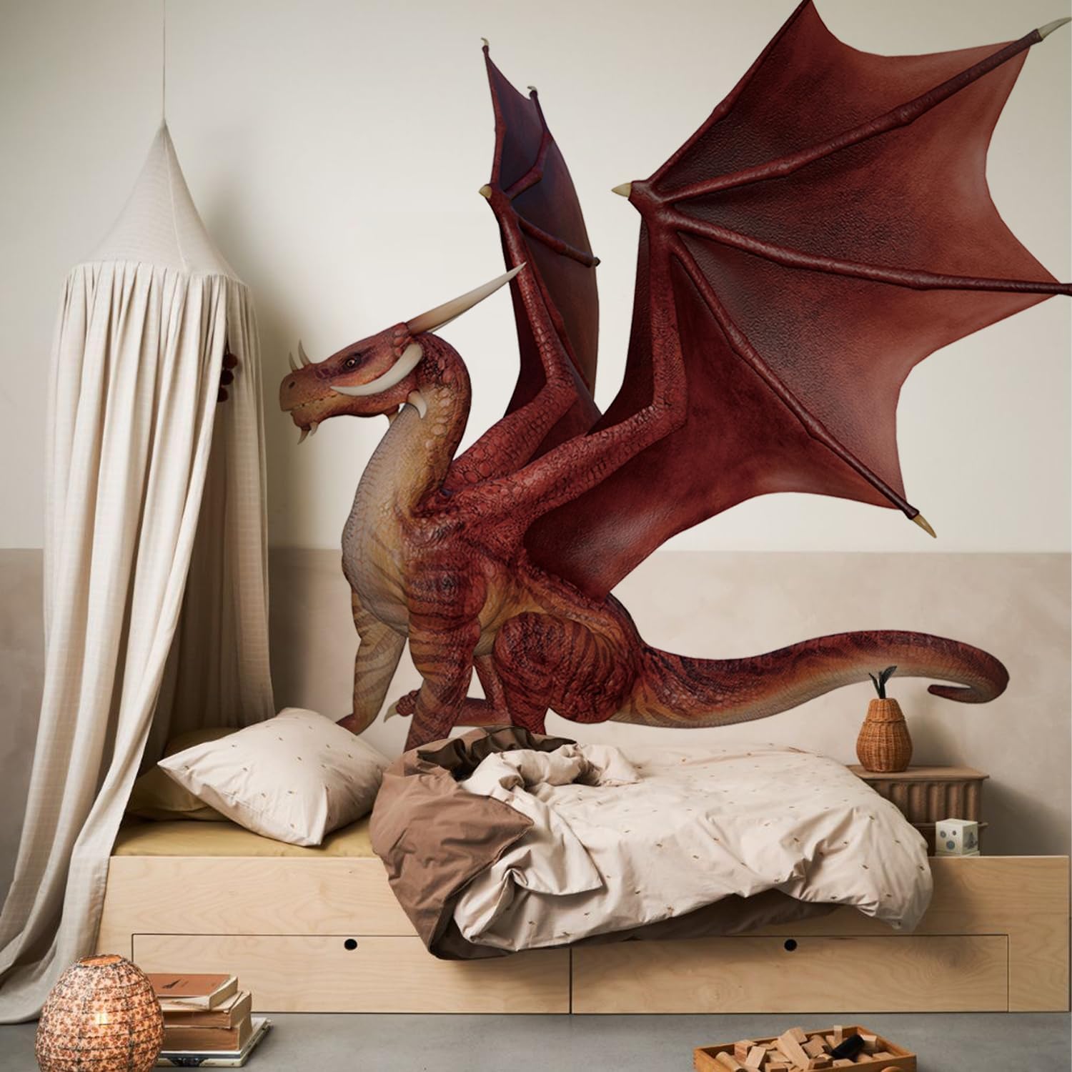 Calcomanía de pared realista de dragón rojo extra enorme, despegar y pegar, vinilo texturizado de dragón para pared, decoración de pared de dragón