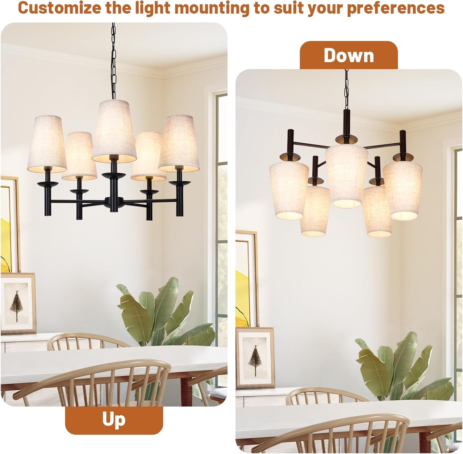 Lámpara de araña moderna de 5 luces con pantalla de tela blanca, lámpara colgante lineal de metal negro para comedor, lámpara colgante industrial