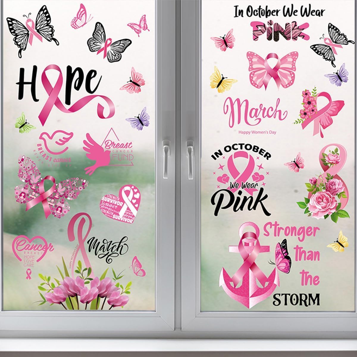9 hojas de calcomanías para ventana de cáncer de mama para vidrio, cinta rosa para mujer, calcomanías de concientización sobre el cáncer de mama,