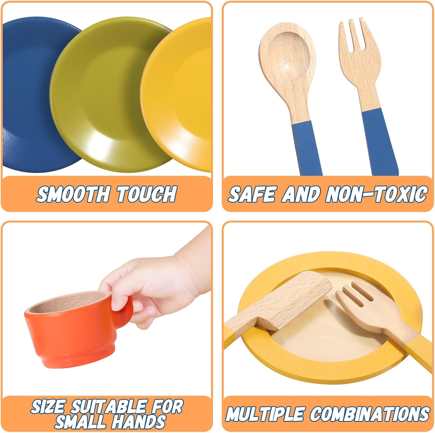 GAGAKU Juego de platos de madera para niños, platos de juego para la cocina de los niños, juego de platos de madera para niños pequeños, accesorios