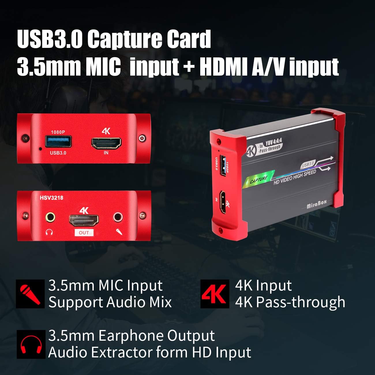 Mirabox Tarjeta de captura 4K para Nintendo Switch con entrada de 4K a 60Hz y paso, 1080P 60FPS USB3.0 transmisión en vivo y grabación, Camlink para
