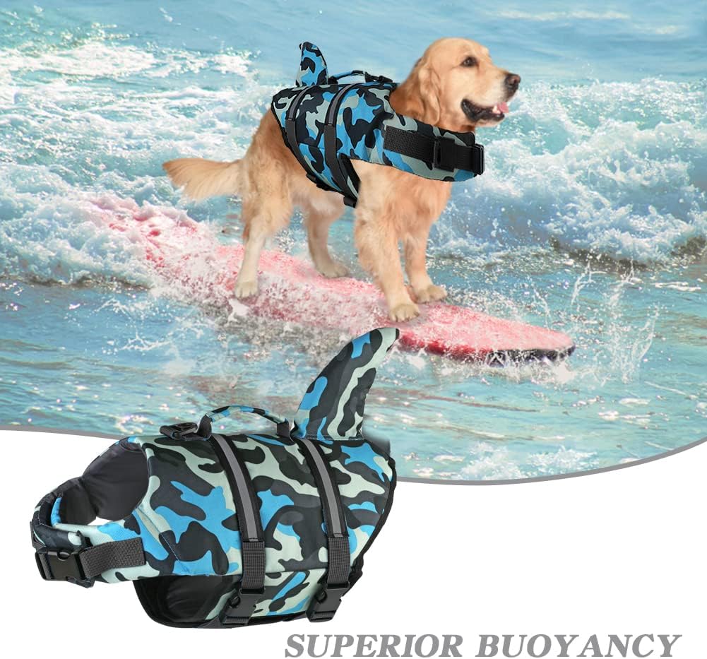 Doglay Chaleco salvavidas para perros con tiburón, chaleco salvavidas para perros para nadar en barco, chaleco salvavidas ajustable para perros con