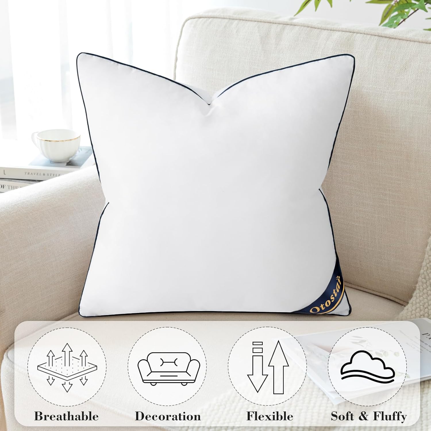 OTOSTAR Insertos de almohada de 20 x 20 pulgadas, almohadas decorativas con funda de algodón 100 % algodón, almohadas cuadradas para sofá, cama,