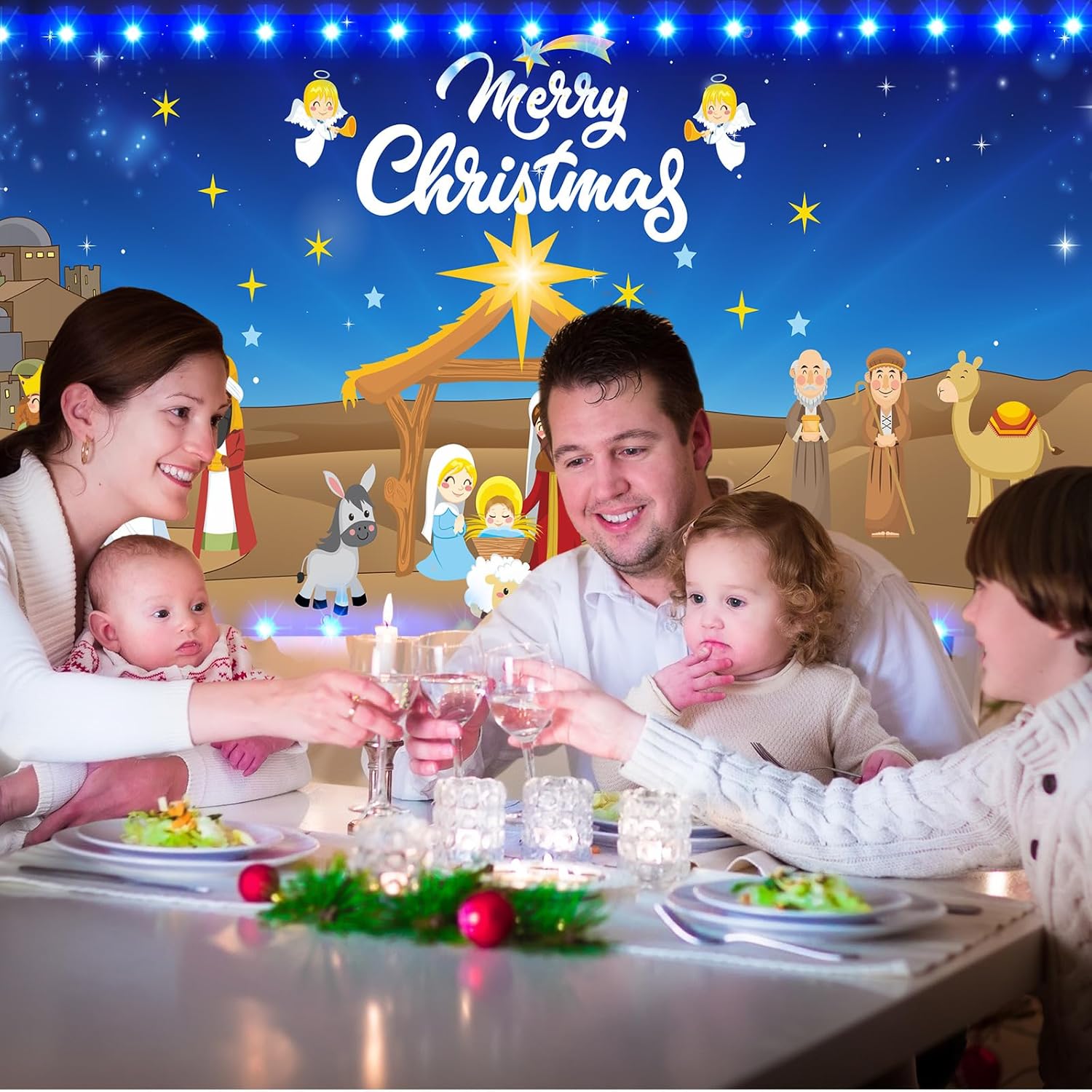 Cartel de Navidad para puerta de garaje al aire libre, 7 x 16 pies, decoración de fondo grande de Navidad con tira de luces LED, cubierta de vinilo