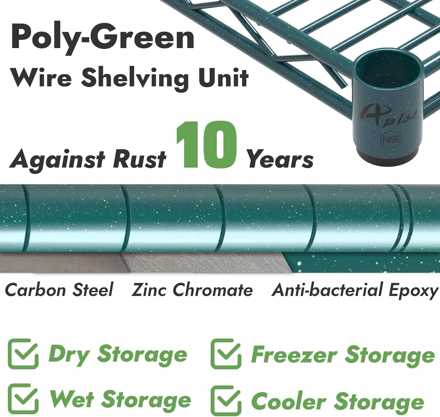 APLSS NSF – Estantes de almacenamiento de epoxi verde de 5 niveles, 24 x 60 x 74 pulgadas, ambientes húmedos y secos, estantería de alambre de acero
