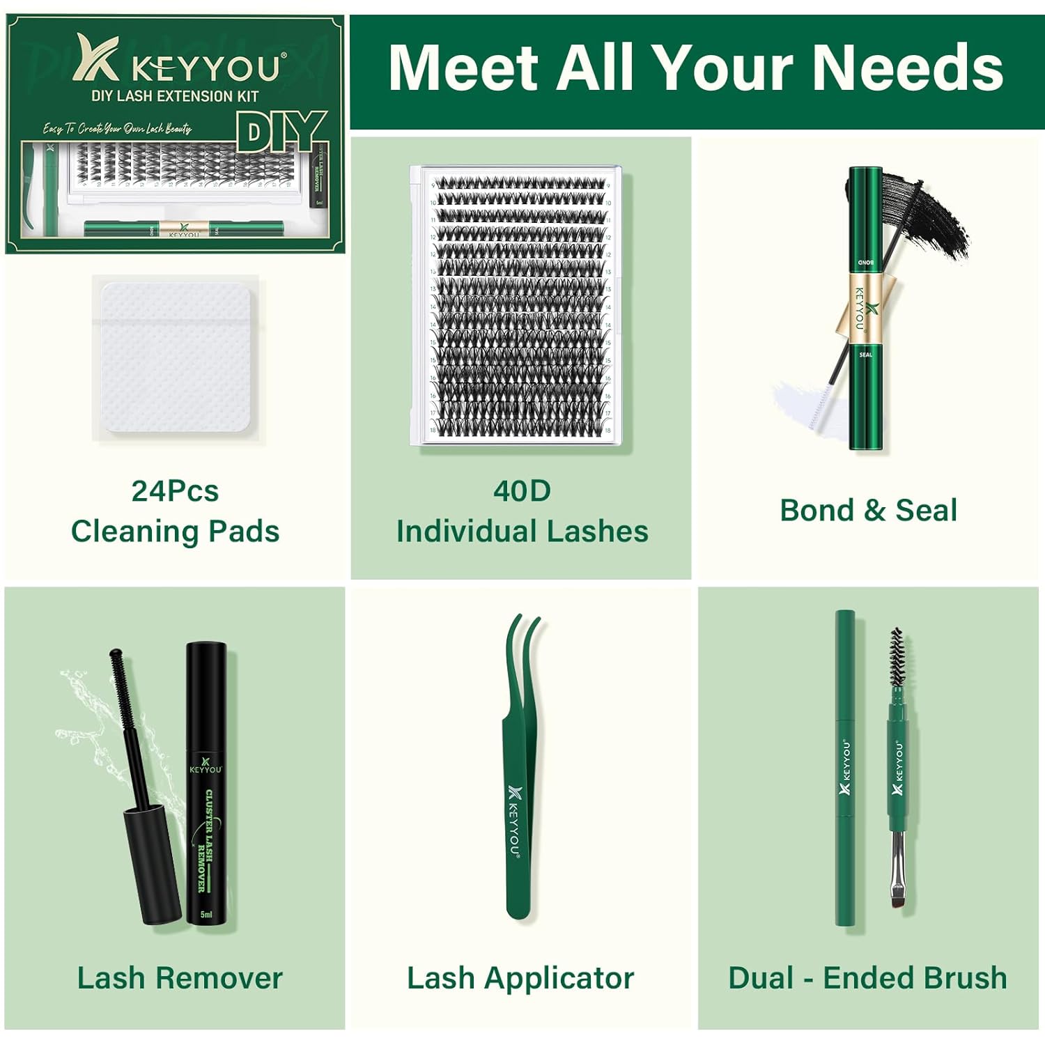 KEYYOU – Kit de extensión de pestañas individuales, 300 unidades, 40D, 0.07D, rizo 0.354-0.709 in, con aplicador removedor de pegamento para