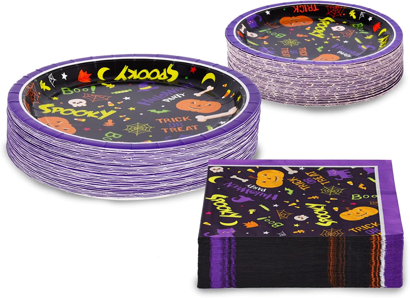 Gatherfun Suministros de fiesta de Halloween, platos de papel desechables, servilletas para decoraciones espeluznantes de fiesta de Halloween,