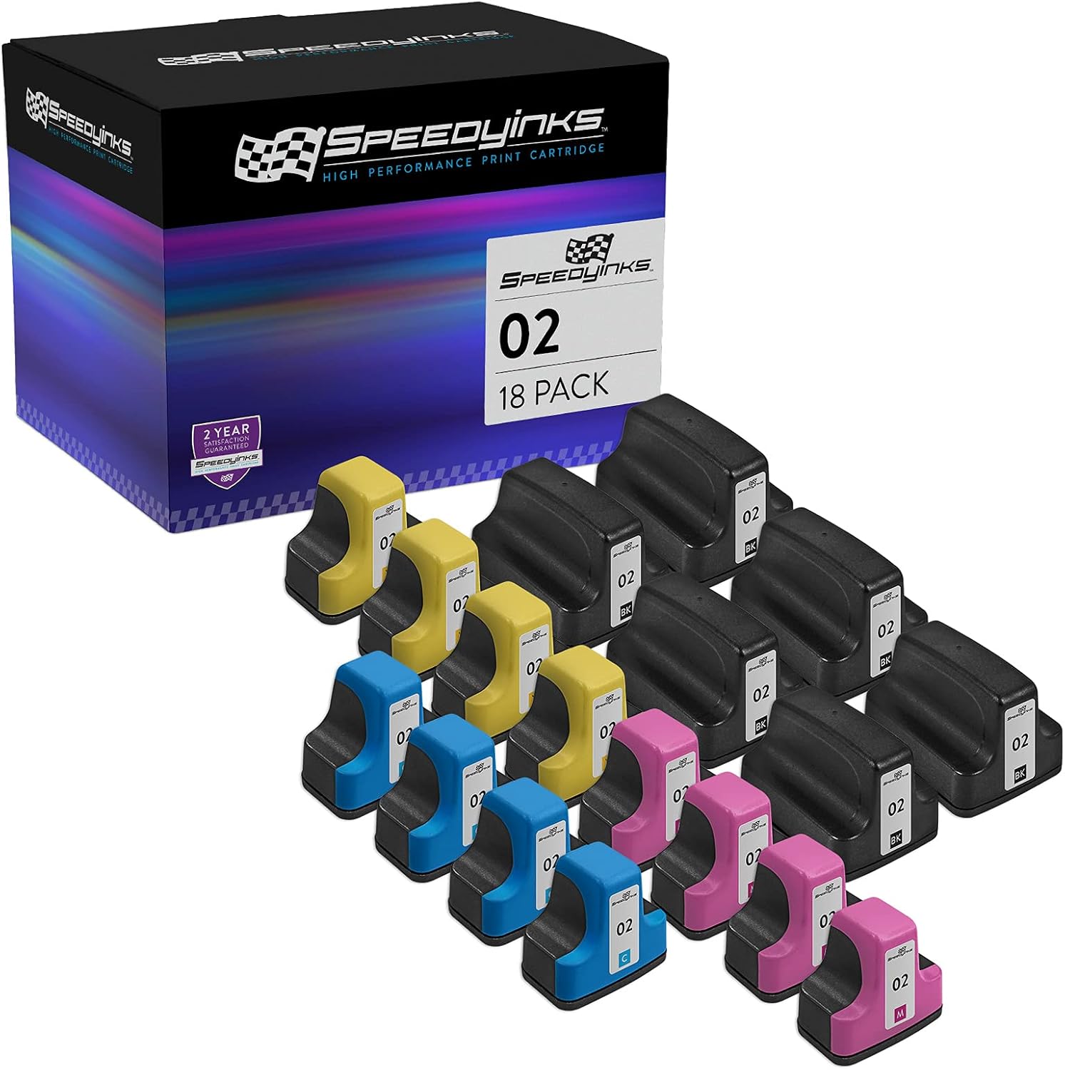 SPEEDYINKS Repuesto remanufacturado para cartuchos de tinta HP 02 con chip inteligente (6 negros, 4 cian, 4 magenta, 4 amarillos, 18 unidades) para