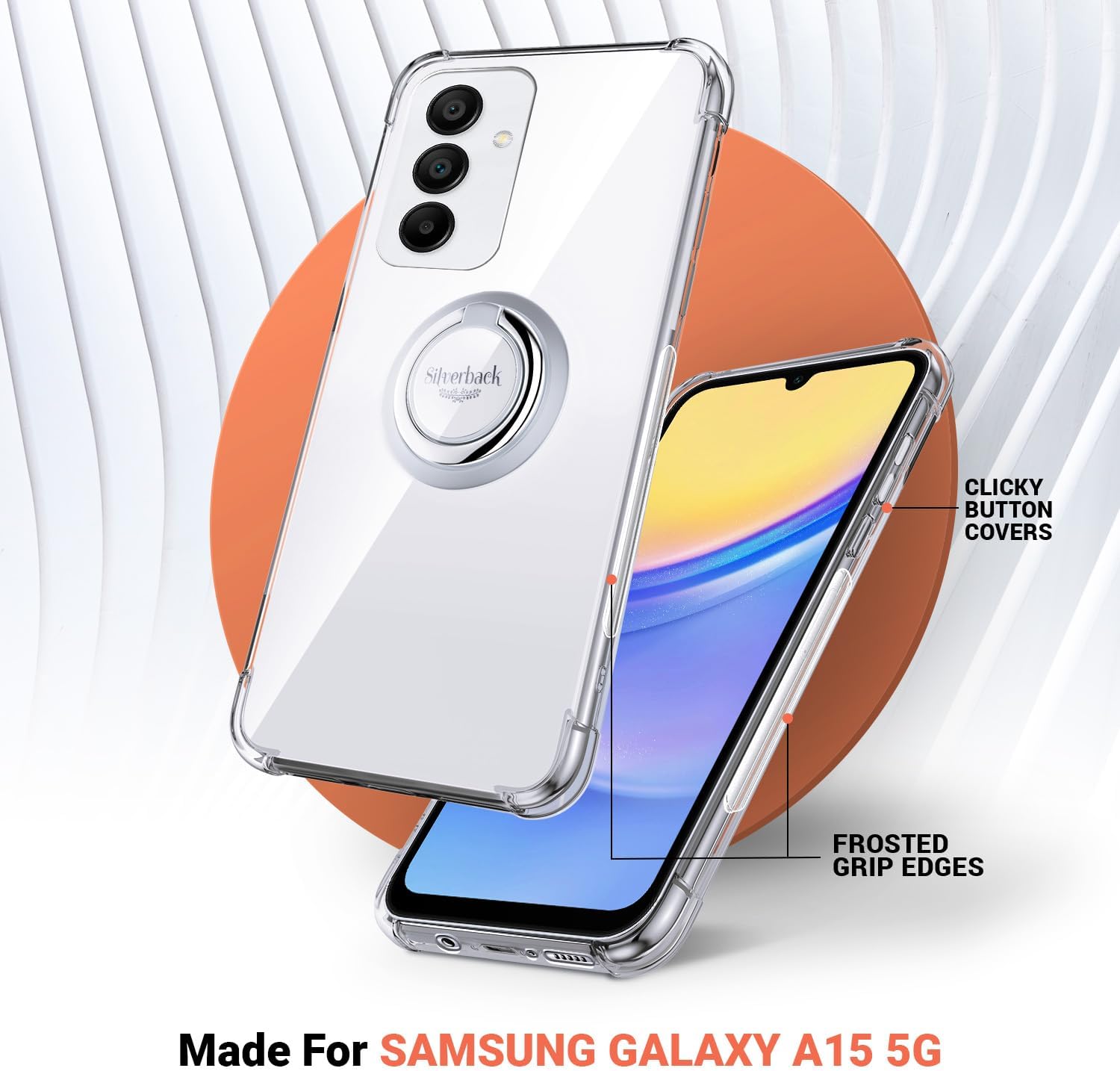 Silverback Funda transparente para teléfono Galaxy A15 5G con soporte de anillo, protección contra golpes, amortiguador, a prueba de golpes, para