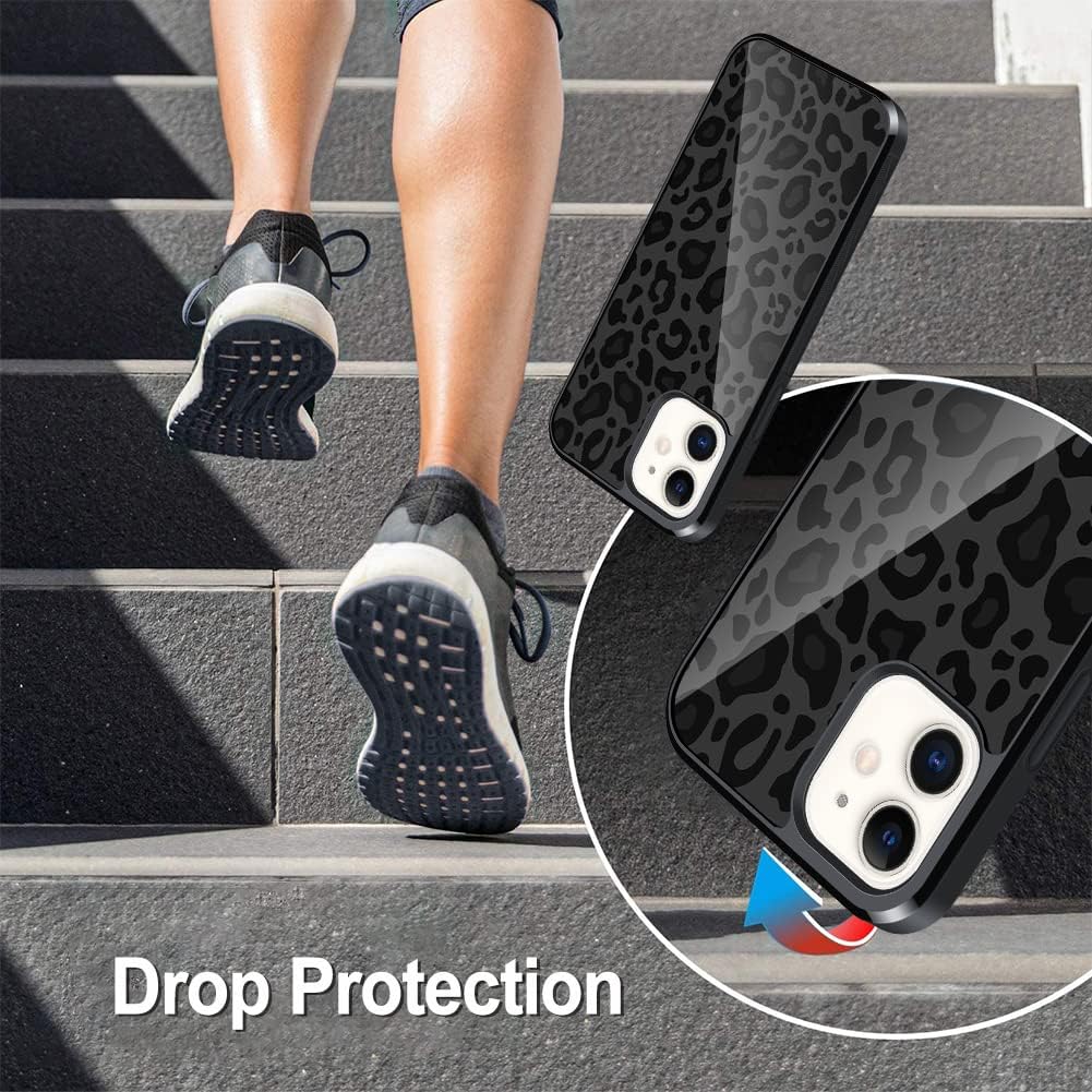TEAUGHT Funda compatible con iPhone 12 Pro de 6.1 pulgadas, bonito patrón de leopardo negro + protector de pantalla de neumáticos a prueba de