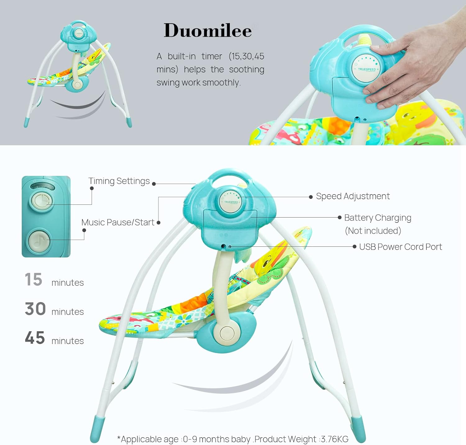 Columpio eléctrico portátil para bebé, columpio relajante con 6 movimientos, silla mecedora cómoda con música inteligente, adecuado para 0-9 meses