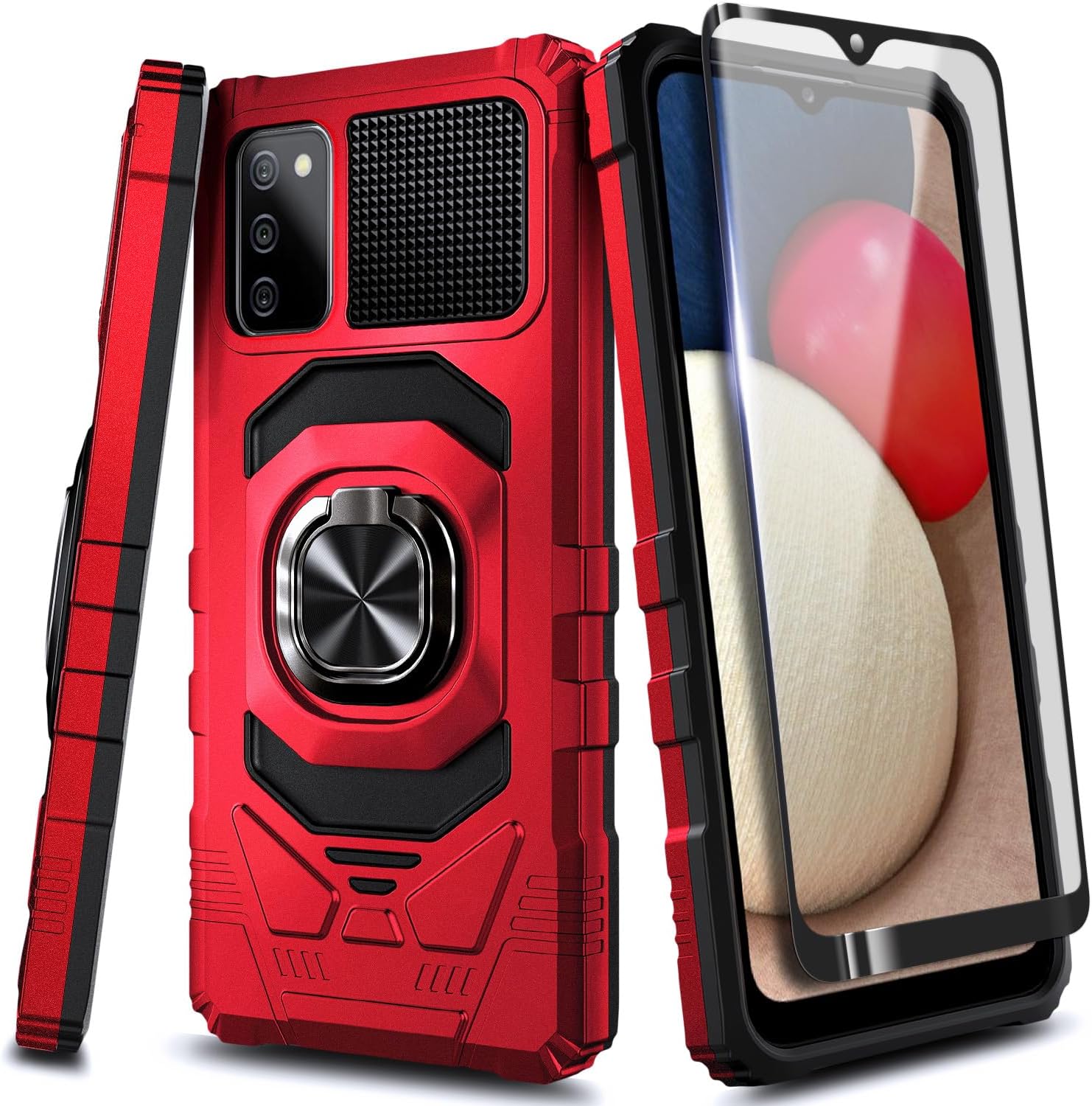 NZND Funda para Galaxy A02S, funda para teléfono Samsung AO2S con protector de pantalla de vidrio templado, protector de cuerpo completo a prueba de