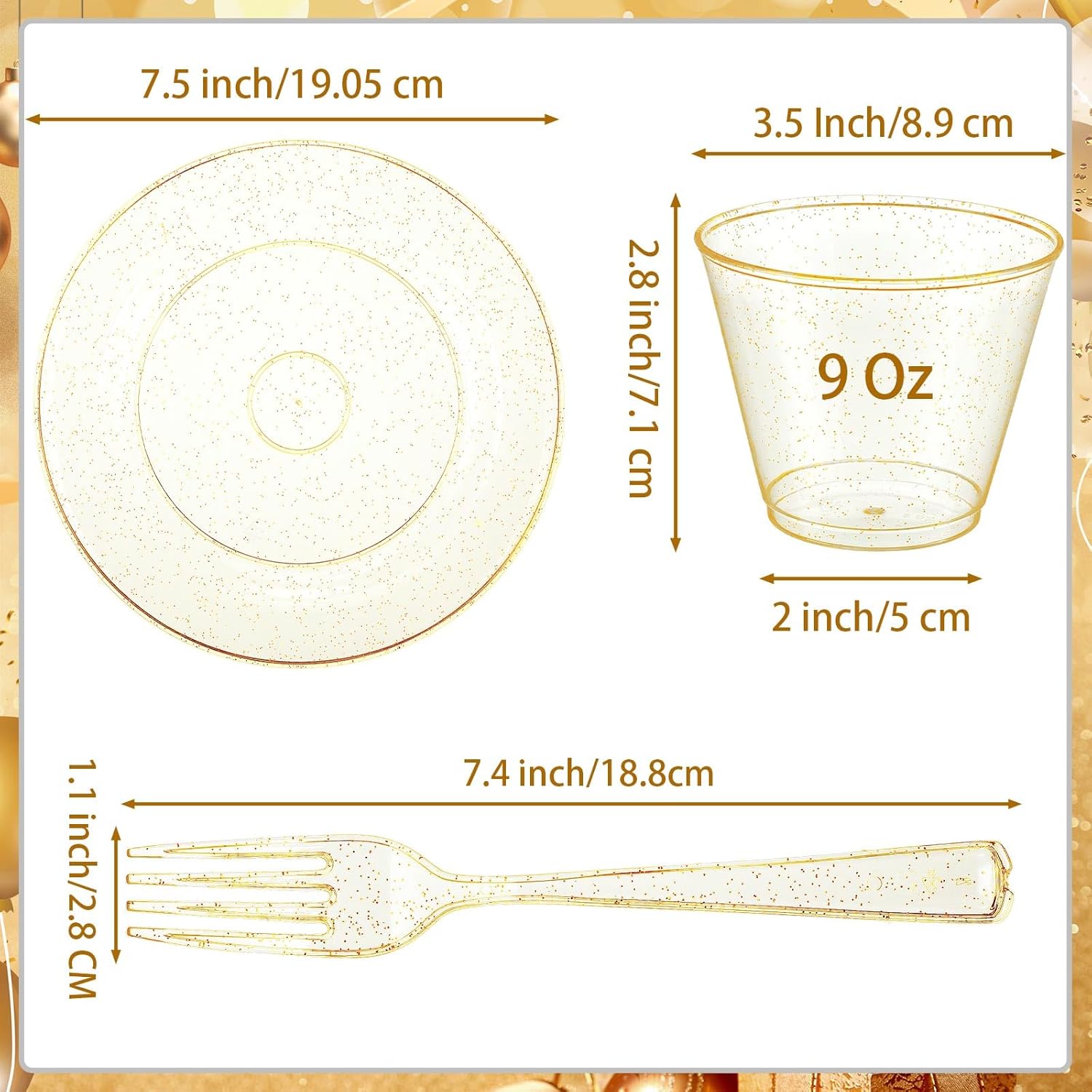 Juego de vajilla de plástico de 450 piezas, 150 platos de plástico con purpurina de 7.5 pulgadas, 150 vasos de plástico desechables, 150 tenedores