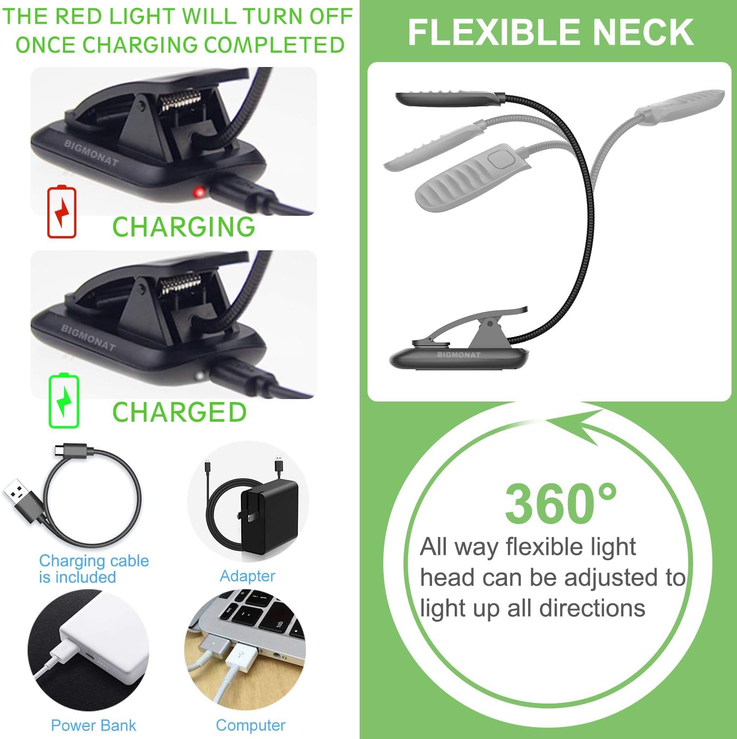 BIGMONAT – Luz de lectura para libro, luz de noche recargable, color ámbar recargable, cuello plegable portátil, USB o funciona con pilas, luz de