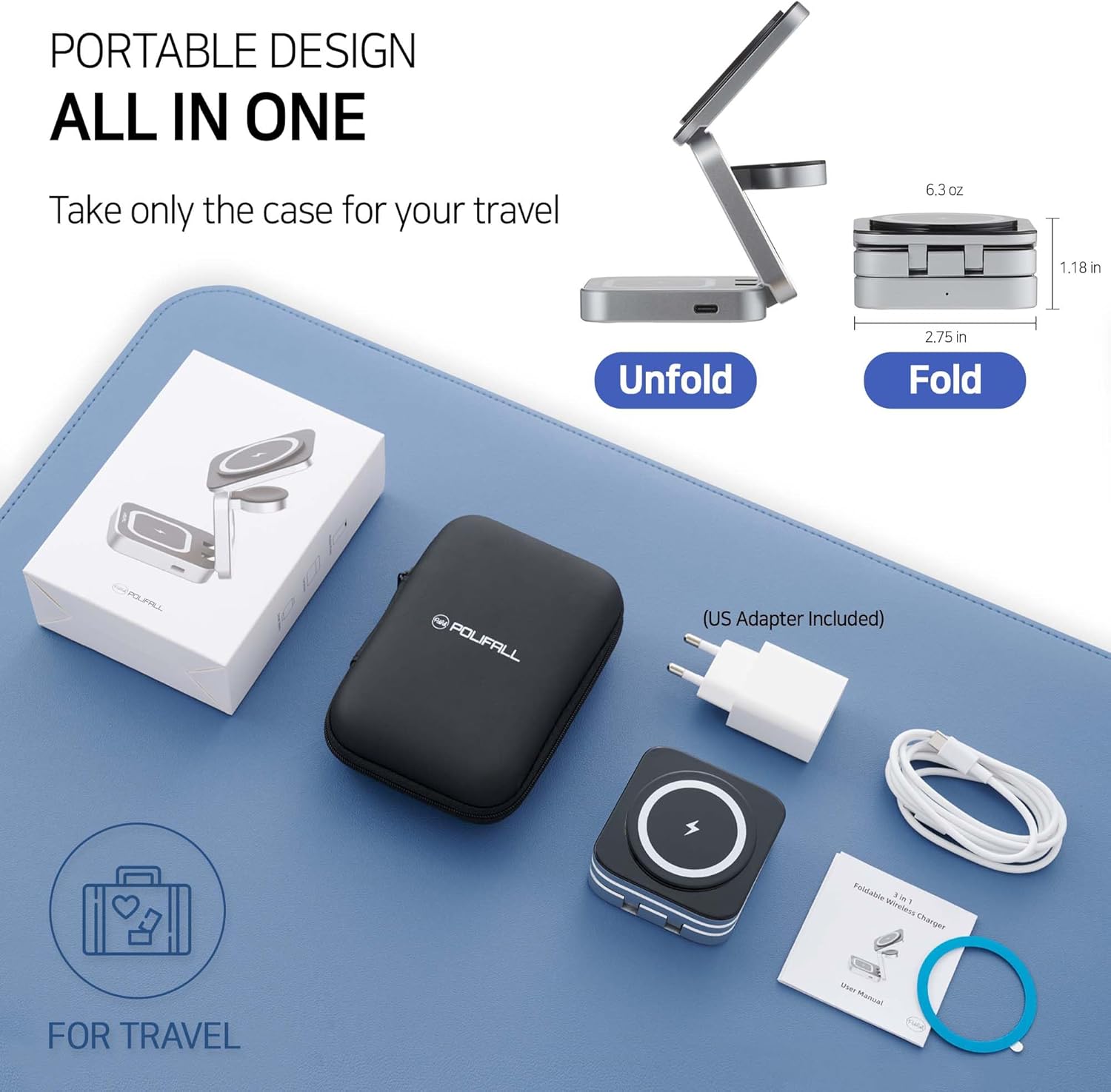POLIFALL Estación de carga 3 en 1 para Apple, cargador inalámbrico plegable MagSafe de viaje para múltiples dispositivos, iPhone 15141312 Max Mini